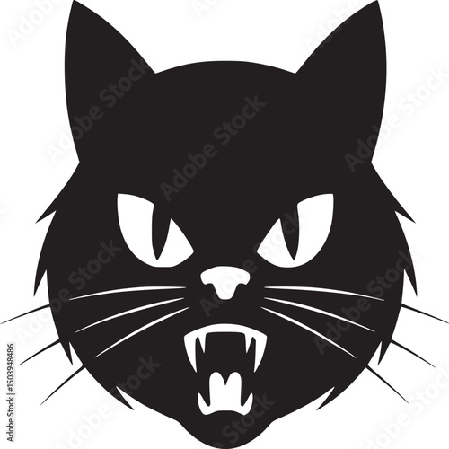 A black silhouette of a cat head with sharp teeth and whiskers on a white background vector image