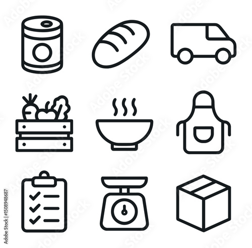 Food Bank Icons. Outline icon set of food bank distribution: canned food, loaf of bread, delivery van, crate of produce, soup bowl
