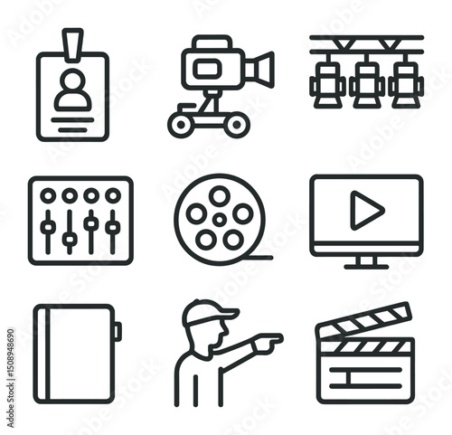 Filmmaking Icon Set. Outline icon set of filmmaking crew roles and tools: assistant director badge,
