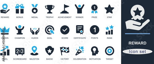 Flat solid black reward icon set featuring trophy, medal, badge, gift, achievement, prize, star, loyalty, winner, and celebration. Perfect for business and app UI design.
