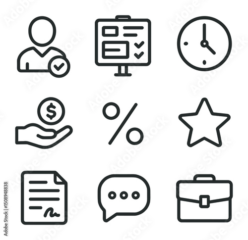 Gig Economy Icons. Outline icon set of gig economy platforms: freelancer avatar, gig board, clock timesheet, payout hand, platform