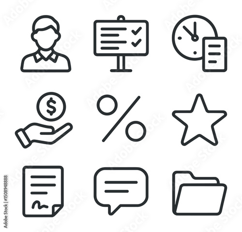 Gig Economy Icons. Outline icon set of gig economy platforms: freelancer avatar, gig board, clock timesheet, payout hand, platform