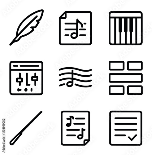 Music Composition Icon Set. Outline icon set of music composition: quill pen, manuscript paper, piano roll, composition software,
