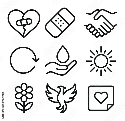 Forgiveness Icon Set. Outline icon set of forgiveness and healing: mending heart, bandage strip, handclasp, circular arrow, tear