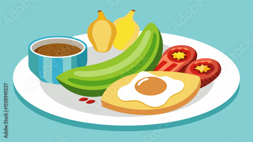 A musttry for any food enthusiast a Dominican breakfast complete with mashed plantains creamy avocado and a side of crispy bacon.. Vector illustration