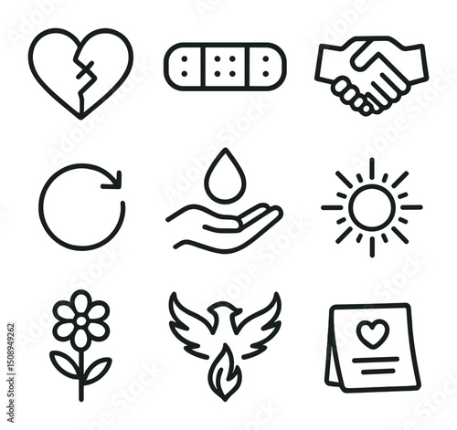 Forgiveness Icon Set. Outline icon set of forgiveness and healing: mending heart, bandage strip, handclasp, circular arrow, tear