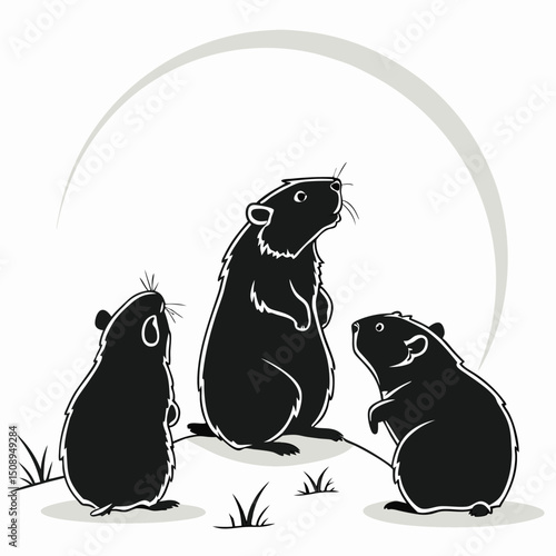 Black and white groundhogs cartoon illustration observing sky silhouette style vector
