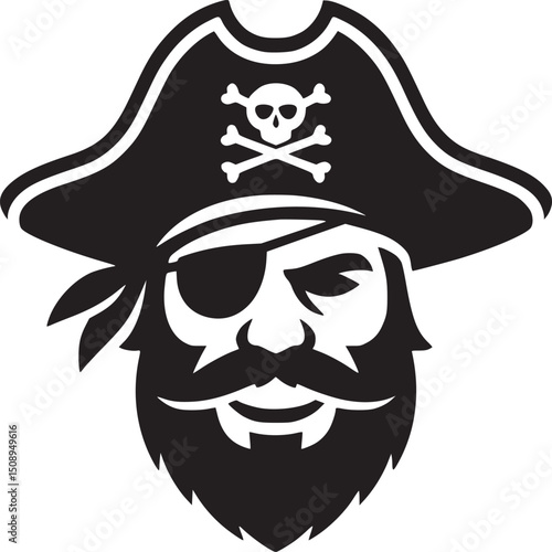 A black and white graphic of a pirate with a beard wearing a hat and an eyepatch illustration