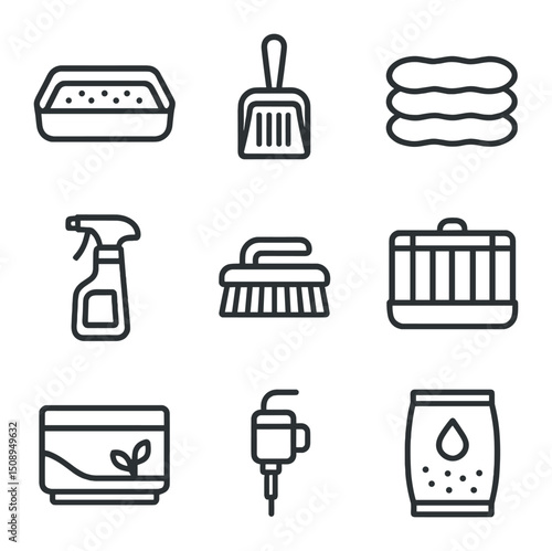 Habitat Essentials Icons. Outline icon set of habitat environment maintenance: litter box, scoop, bedding, cleaning spray, scrub