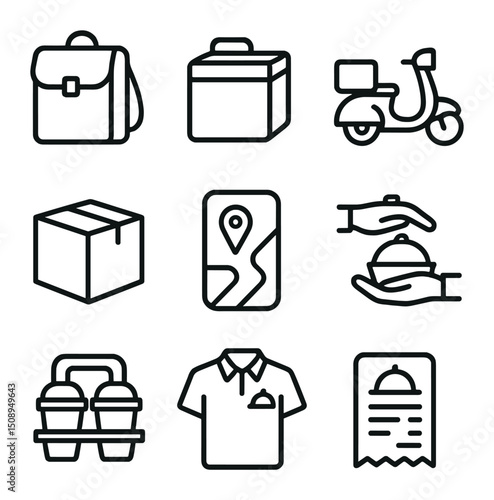 Food Delivery Icons. Outline icon set of food delivery gear: delivery bag, thermal pouch, scooter