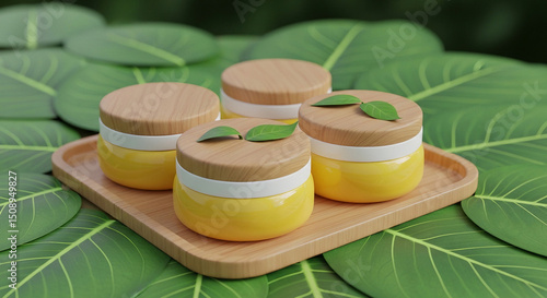 Yellow Skincare Collection on Bamboo Tray with Green Leaves