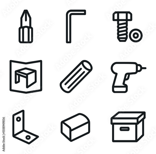 Furniture Assembly Icons. Outline icon set of furniture assembly: screwdriver bit, Allen key, bolt, washer, assembly manual,