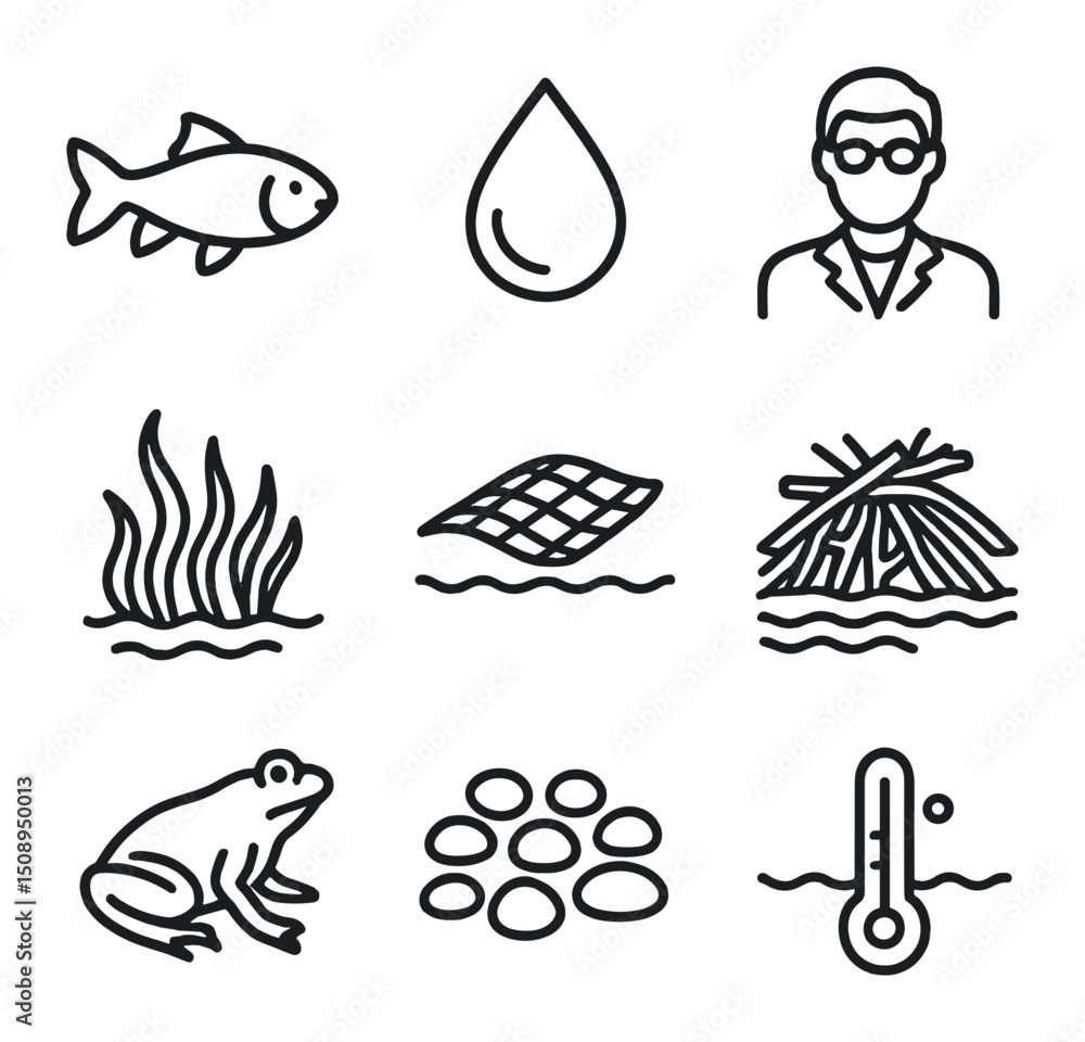 Obraz premium Freshwater Habitat Icons. Outline icon set of freshwater habitat restoration: native fish, clean