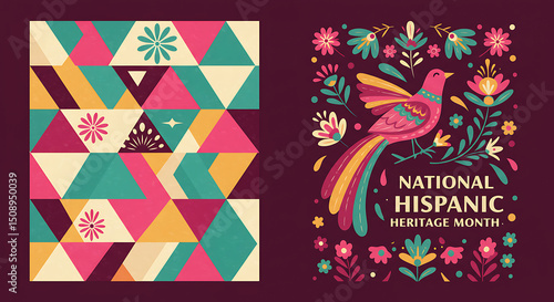 Colorful Folk Art Bird and Geometric Pattern Design for Hispanic Heritage Month Celebration