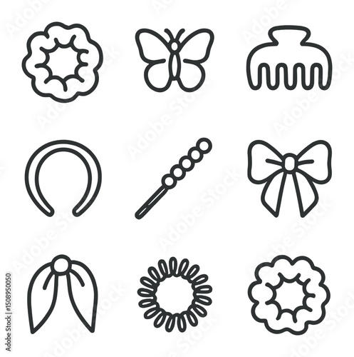 Outline Hair Icons. Outline icon set of hair accessories: scrunchie, butterfly clip, claw hair clip, velvet headband, pearl bobby