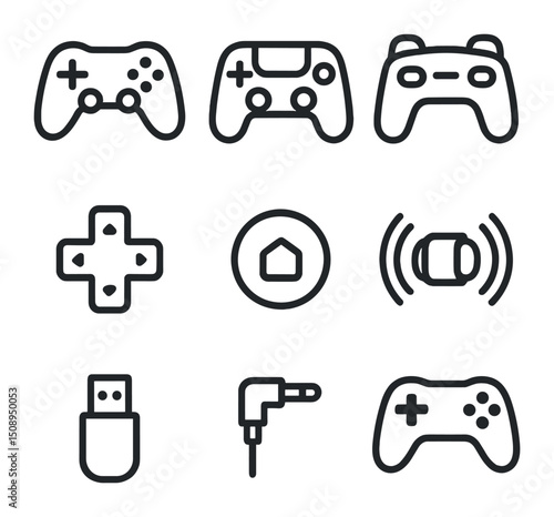 Game Controller Icons. Outline icon set of game controllers: dual analog sticks, D-pad, shoulder buttons, trigger buttons, home