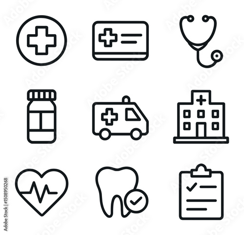 Healthcare Icon Set. Outline icon set of healthcare and insurance in retirement: medical cross, health insurance card, stethoscope