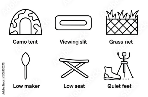 Outdoor camouflage equipment elements for wildlife watching and photography
