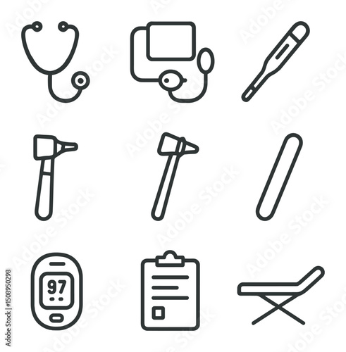 Health Checkup Icons. Outline icon set of general health checkup tools: stethoscope, blood pressure cuff, thermometer, otoscope,