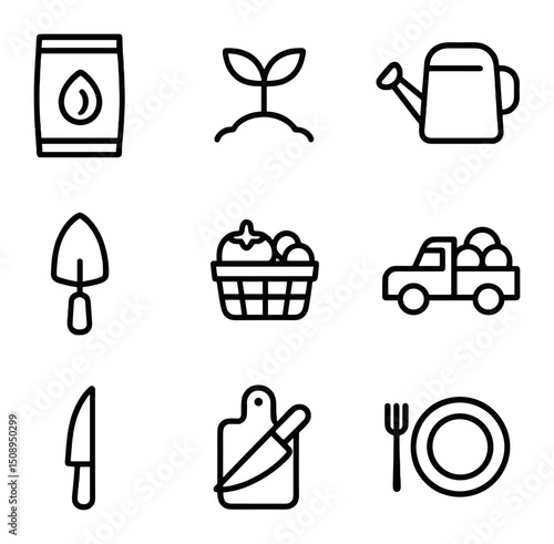 Garden Journey Icons. Outline icon set of garden-to-table journey: seed packet, sprouting seedling, watering can, garden trowel,