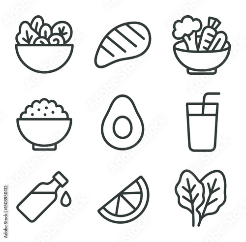 Healthy Meal Icons. Outline icon set of healthy home meals: salad bowl, grilled chicken, steamed vegetables, quinoa grain, avocado