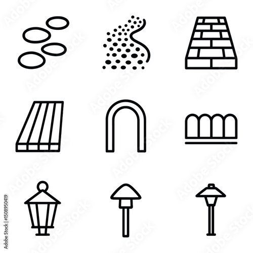Garden Pathway Icons. Outline icon set of garden pathways: stepping stone, gravel path, brick path, wooden walkway, stepping slab,