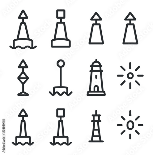 Nautical Navigation Icons. Outline icon set of buoy and channel markers: red buoy, green buoy, port marker, starboard marker,