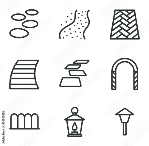 Garden Pathway Icons. Outline icon set of garden pathways: stepping stone, gravel path, brick path, wooden walkway, stepping slab,