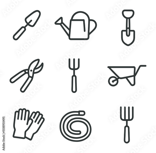 Garden Tool Icons. Outline icon set of garden tools: trowel, watering can, spade, pruner, rake, wheelbarrow, gloves, hose, garden