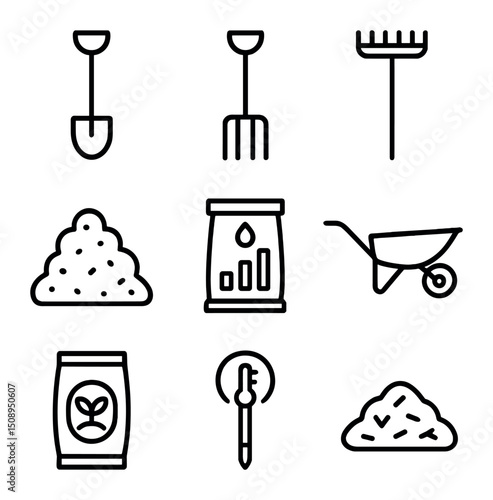 Garden Tools Icons. Outline icon set of soil preparation: shovel, garden fork, rake, compost pile, soil test kit, wheelbarrow,