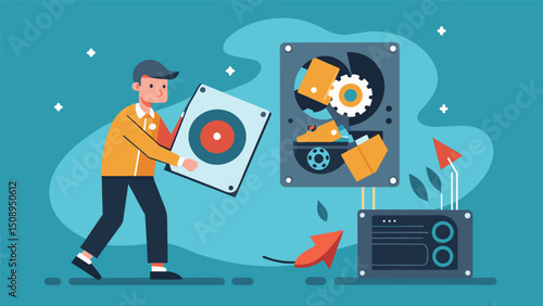 A data recovery expert uses advanced imaging techniques to create a mirror image of a damaged hard drive allowing for safe retrieval of data without further damage.. Vector illustration