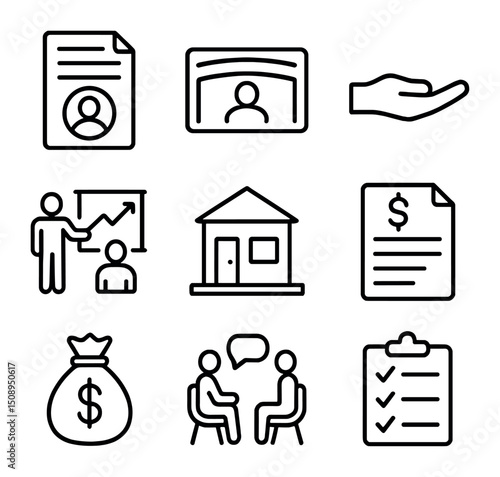 Government Support Icons. Outline icon set of government support during unemployment: unemployment