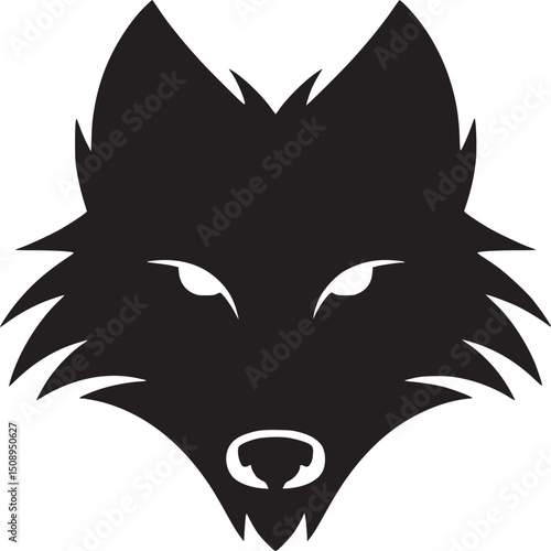 A stark black and white graphic illustration of a stylized wolf head on a white background design art