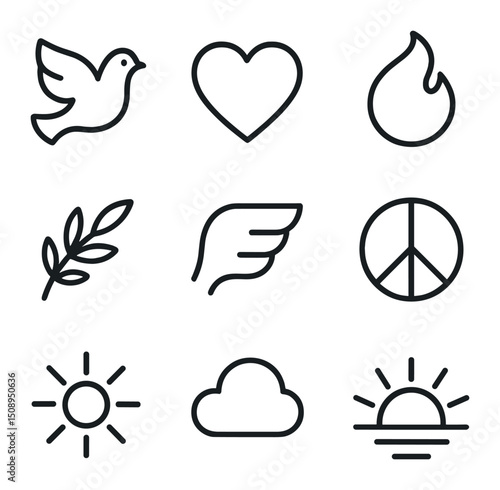 Heart and Dove Icons. Outline icon set of heart with dove and flame: dove silhouette, heart shape, flame plume, olive twig, wing