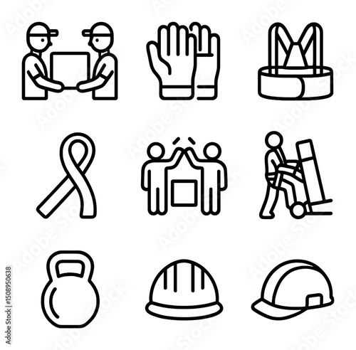 Heavy Lifting Icons. Outline icon set of heavy lifting support: pair of movers, lifting gloves, back brace, lifting strap,