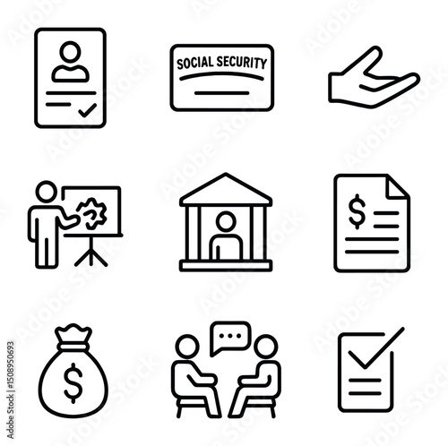 Government Support Icons. Outline icon set of government support during unemployment: unemployment