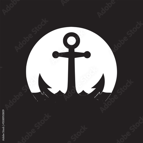 A black anchor over blue waves within a white circle against a solid black background illustration