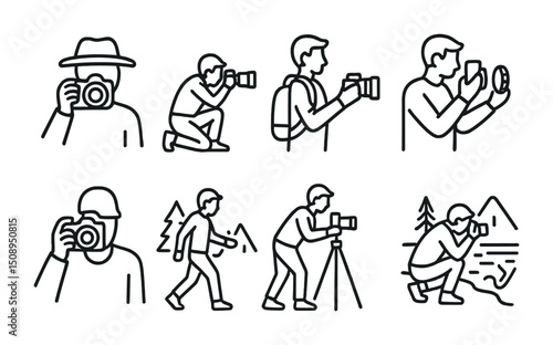 Diverse photography techniques and outdoor adventure enthusiasts vector icons