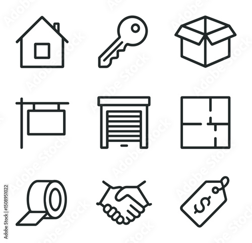 Housing Icons Grid. Outline icon set of downsizing and housing options: small house, apartment key, moving box, realtor sign,