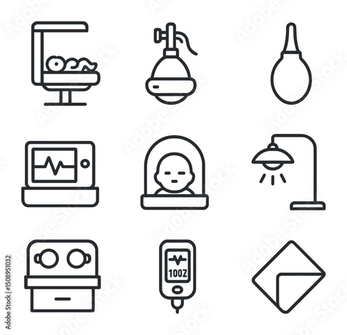 Neonatal Resuscitation Icons. Outline icon set of neonatal resuscitation team: infant on warmer, resuscitation mask, suction bulb,