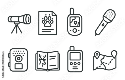 Outdoor adventure gear and wildlife exploration icons for infographics