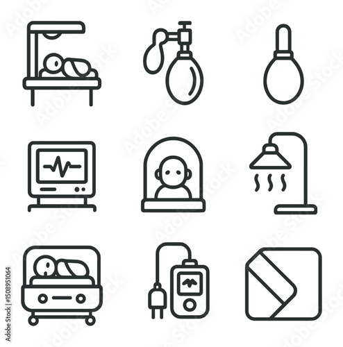 Neonatal Resuscitation Icons. Outline icon set of neonatal resuscitation team: infant on warmer, resuscitation mask, suction bulb,
