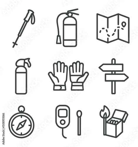 Hiking Safety Icons. Outline icon set of hiking and camping safety: trekking pole, fire extinguisher