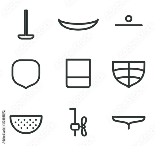 Hull Cross-Sections Icons. Outline icon set of hull cross-sections: keel profile, bilge line, waterline mark, frame rib, cabin