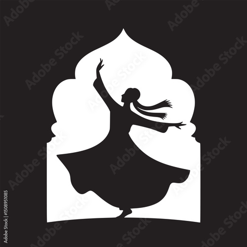 Silhouette of a whirling dervish dancer in front of an arched doorway in black and white design