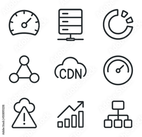 Network Icon Set. Outline icon set of network and CDN: bandwidth meter, server node, CDN cloud, buffer icon, latency gauge, packet