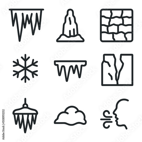 Ice Cave Icons. Outline icon set of ice caves: icicle cluster, frozen stalagmite, ice wall, snowflake pattern, frosted beam,