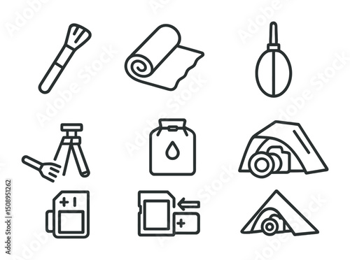 Outdoor photography and camping essentials icon set for design use