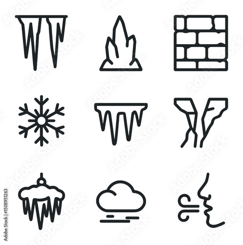 Ice Cave Icons. Outline icon set of ice caves: icicle cluster, frozen stalagmite, ice wall, snowflake pattern, frosted beam,