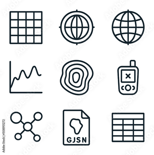 Geospatial Icon Set. Outline icon set of geospatial data: coordinate grid, latitude dial, longitude dial, elevation graph, contour